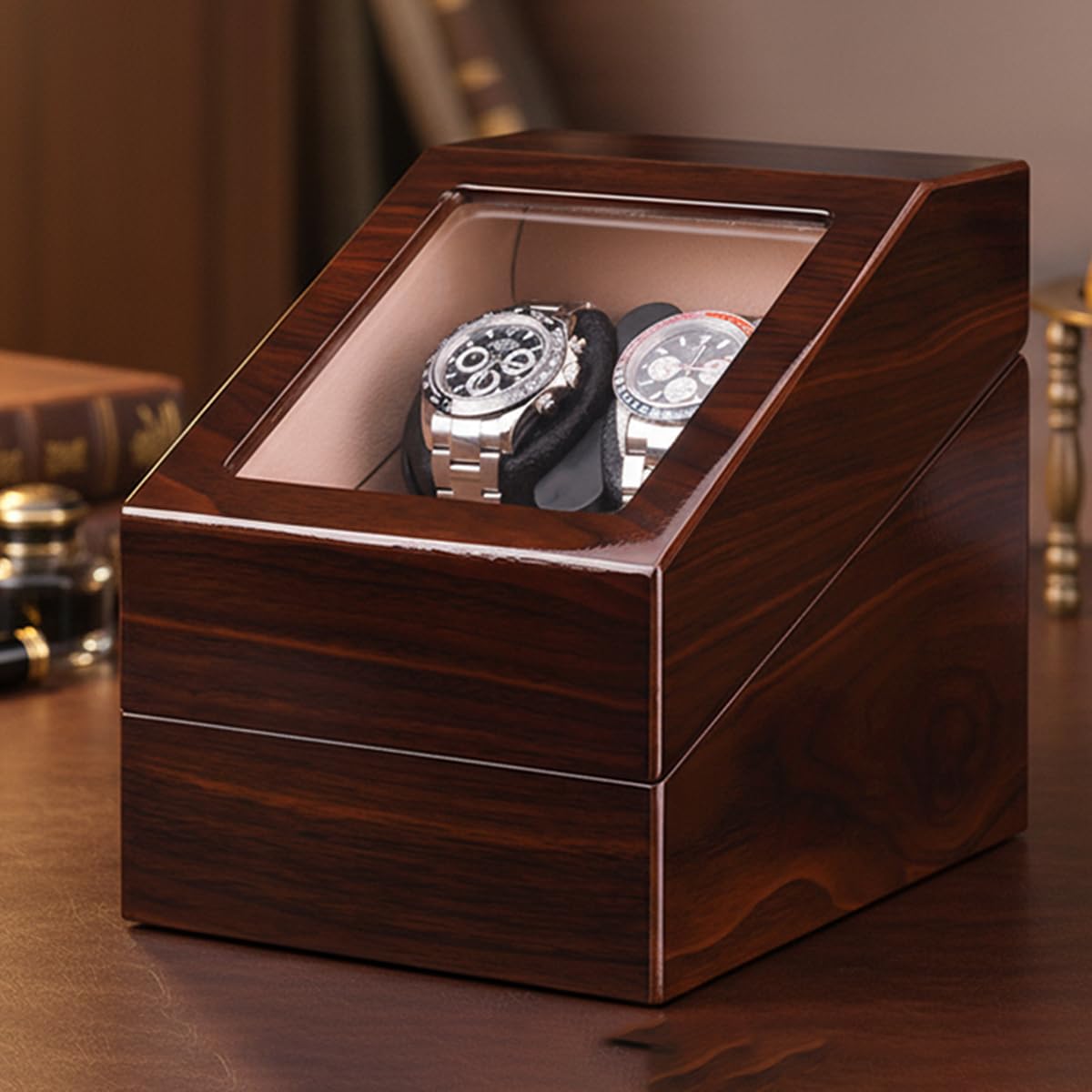 Mineesi Watch Winder Box for Automatic Watches, 2-Watch Winder with Quiet Motor, Handcrafted Piano-Finish Wooden Watch Winder Spinner Box with 2 Storage Case for Men's and Women's Watches (Ebony)