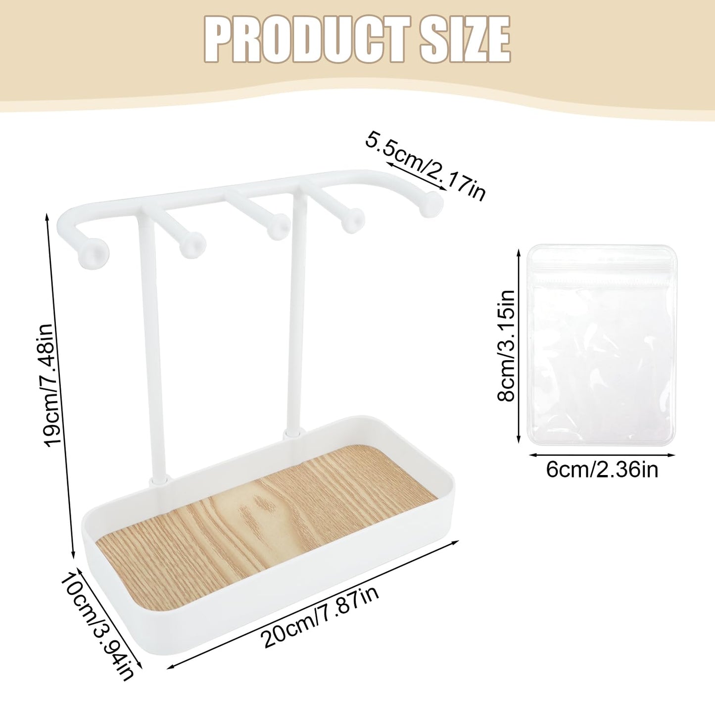 WCHOSOZH Jewelry Organizer Stand, Necklace Holder with Wooden Tray 5 Storage Hooks, Earring Holder with 5 Pcs Jewelry Bags for Bracelet,Chains,Rings,Earrings,Keys Watches,Necklaces (White)