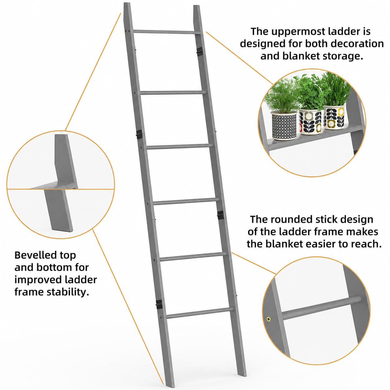BAMBANG 6-Tier Blanket Ladder for Living Room, Blanket Quilt Ladder Rack Rustic Decorative Towel Holder, Wall Leaning Blanket Ladder Shelf Storage Farmhouse Decor for Bedroom Bathroom, Gray