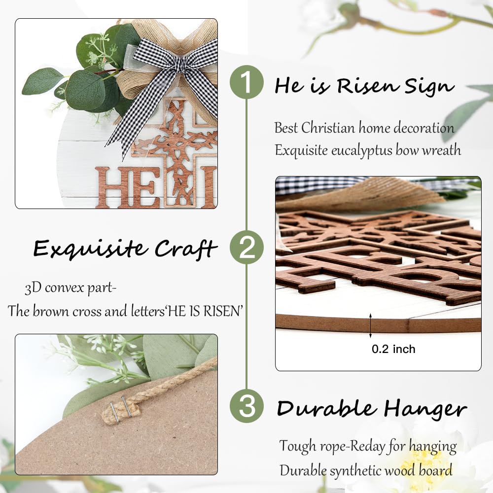 TOARTi He is Risen Easter Front Door Sign Wreath (11.4"x11.4"), Rustic Christian Cross Wall Sign Hanging Plaque, Farmhouse Religious Home Wooden Door Decoration for Housewarming Easter Gift