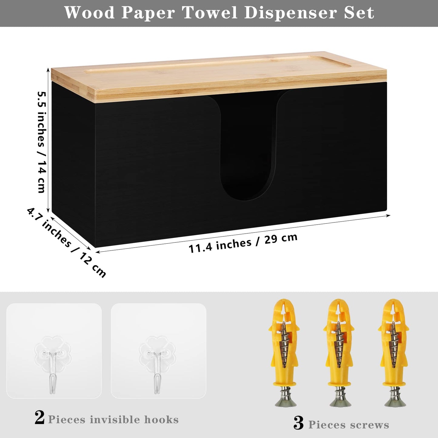 TURSTIN Wood Paper Towel Dispenser Folded Paper Towel Holder with Lid for Countertop and Wall Mounted, Wall Mount Paper Towel Holder Napkin Holder for Home. Bathroom, Kitchen, Black