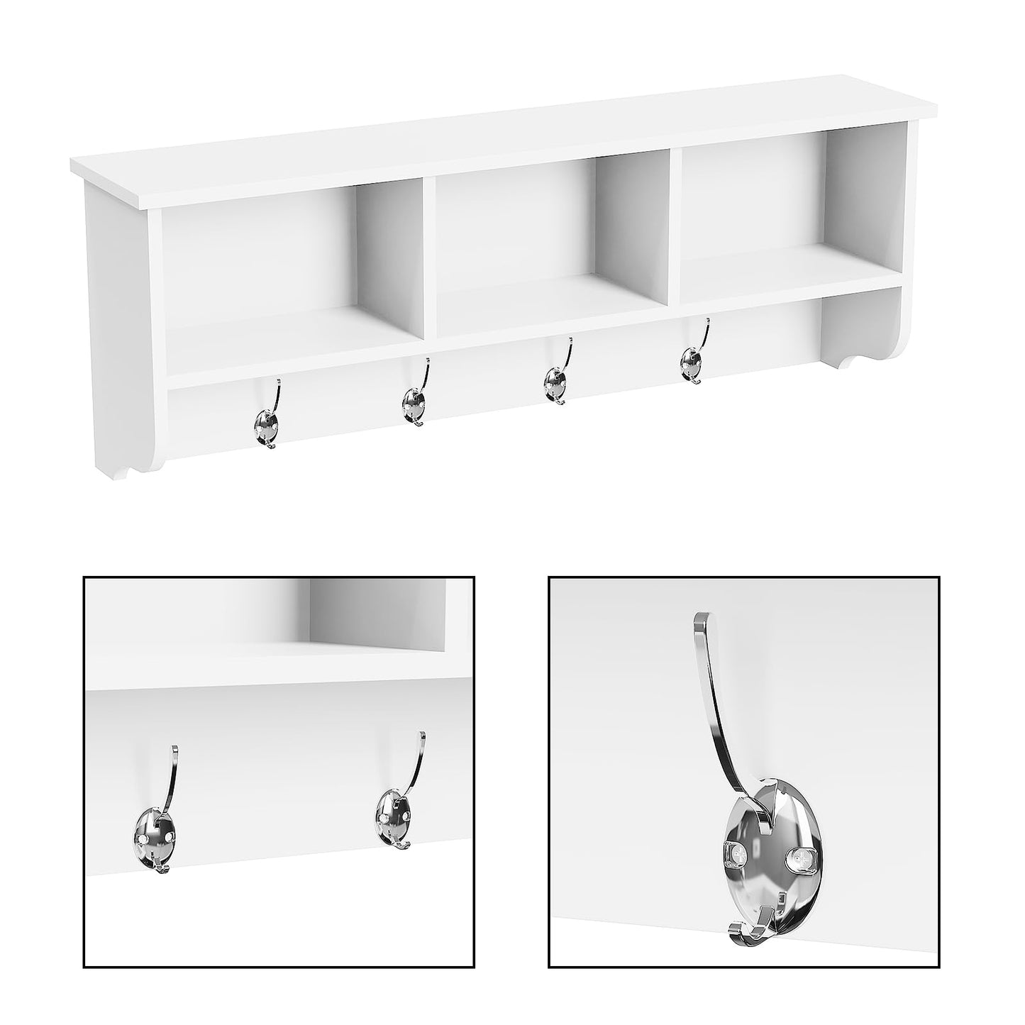 TUNGTAR 38.6inch Wall Mounted Entryway wooden Coat Rack with Storage Shelf 4 Dual Hooks Wooden Storage Living Room Wall Cabinet with 3 Cubbies Space Saving Hanging Shelf for Hats Bags Coats (White)