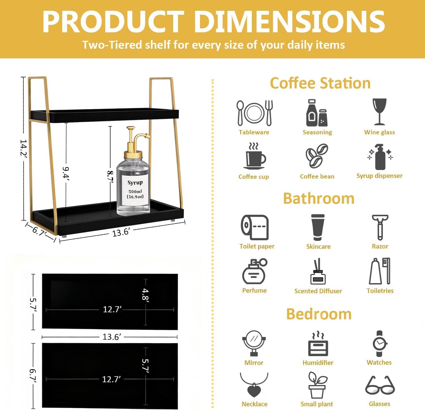 2087 Coffee Bar Accessories, Black Gold Coffee Station Organizer for Countertop Decor, 2 Tier Large Wooden CoffeeBar Shelf for Office, Breakroom, Bathroom