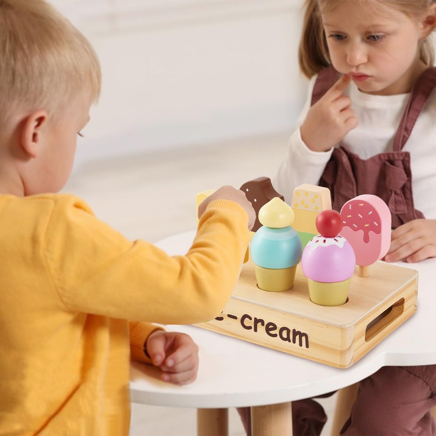 HERSITY Wooden Ice Cream Stand for Kids, Ice Cream Popsicle Toy Pretend Play Food Kitchen Accessories Playset Lolly Shop Games for Toddlers Girls Boys 3 4 5 Years Old