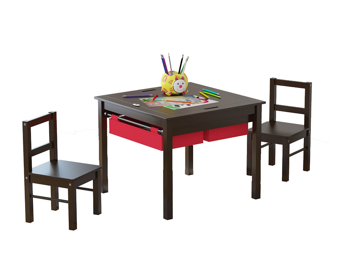 UTEX Wooden 2 in 1 Kids Construction Play Table and 2 Chairs Set with Storage Drawers, and Built in Plate Compatible with Lego and Duplo Bricks(Espresso with Red Drawers)