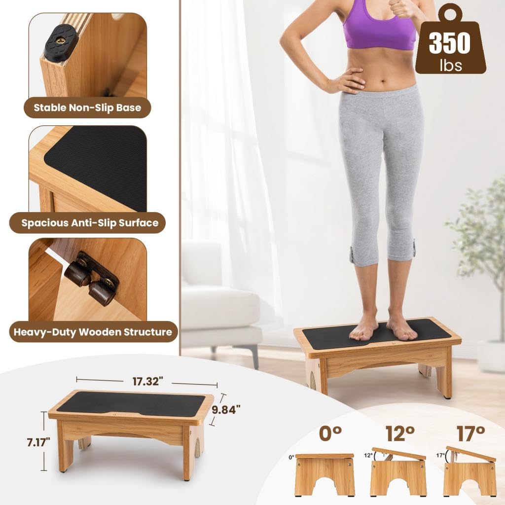 StrongTek 17″ Step Stool & 7″ Adjustable Foot Rest Set, Heavy-Duty Two-Step Wooden Stool (500 lb) + 3-Level Under-Desk Foot Stool, Non-Slip Support for Kitchen, Bed & Office