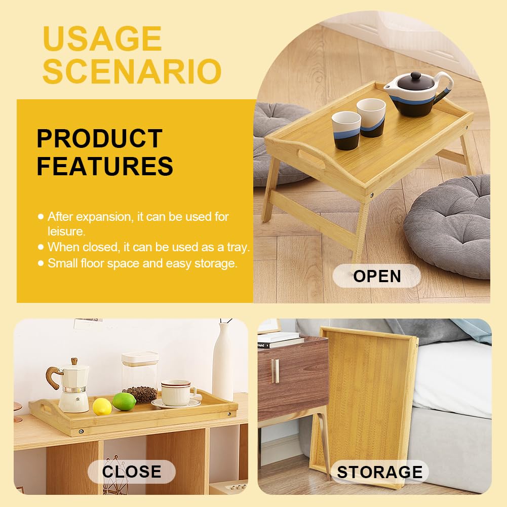 WKWKER Bamboo Bed Tray Table with Folding Legs Set of 2 Foldable Breakfast Tray Portable Serving Table Laptop Snack Drawing Breakfast Trays for Bed (Set of 2)