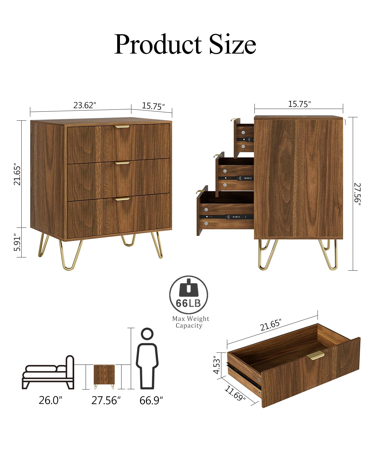AEPOALUA Walnut Dresser for Bedroom, Modern Fluted 3 Drawer Dresser with Storage, Dresser Chest of Drawers with Gold Handles for Bedroom, Living Room, Closet, Hallway, 15.8" D x 23.6" W x 27.6" H