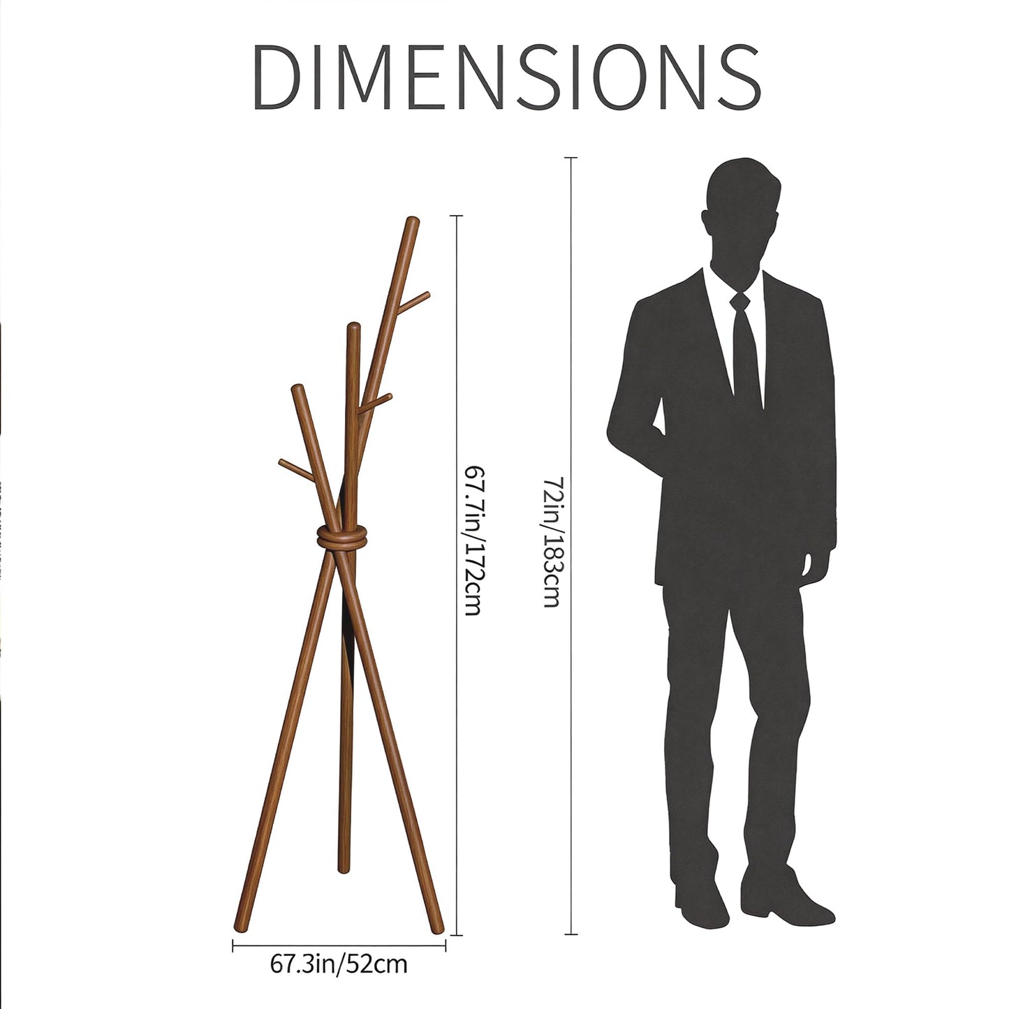 VICITON Wooden Coat Rack, Tripod Coat Tree Freestanding with 3 Hooks for Clothes, Hats and Handbags, Coat Hanger Stand for Bedroom, Living Room, Entryway (Dark)