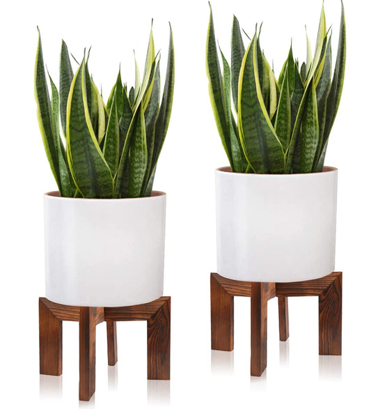 Gendral Forwepup 2 Pack Wood Plant Stand, Mid Century Modern Planter Stand Rattan Flower Pot Stand, Low Short Plant Stands Indoor - Boho Rustic Wooden Stool for Plant Pot Holder, Fit 5-15 Inch Pot
