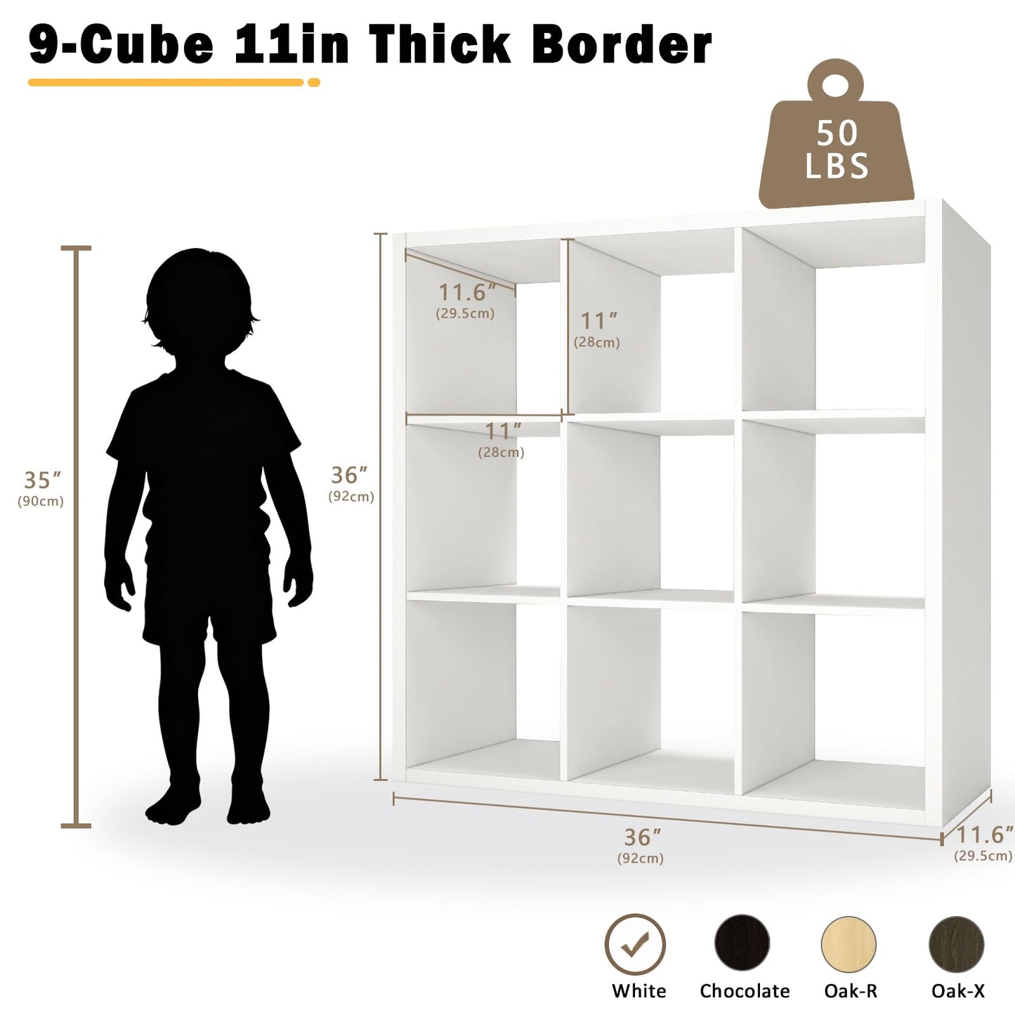 Endearing Limons【2026 Wooden Thick Border 9 Cube Shelf Storage Organizer with Anti-Tipping Kits + Reversible Open Back Bookcase (11 x 11 Unit Cell White)