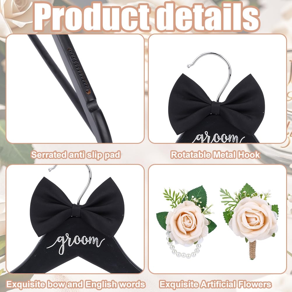 INFUNLY 2 Pack Bride Groom Hanger for Wedding Wooden Bridal Dress Suit Hangers with Bow Tie Wrist Corsage Flower 17.5x8.9 Inches Mr and Mrs Shirt Tuxedo Suit Hanger Shower Gift Accessories