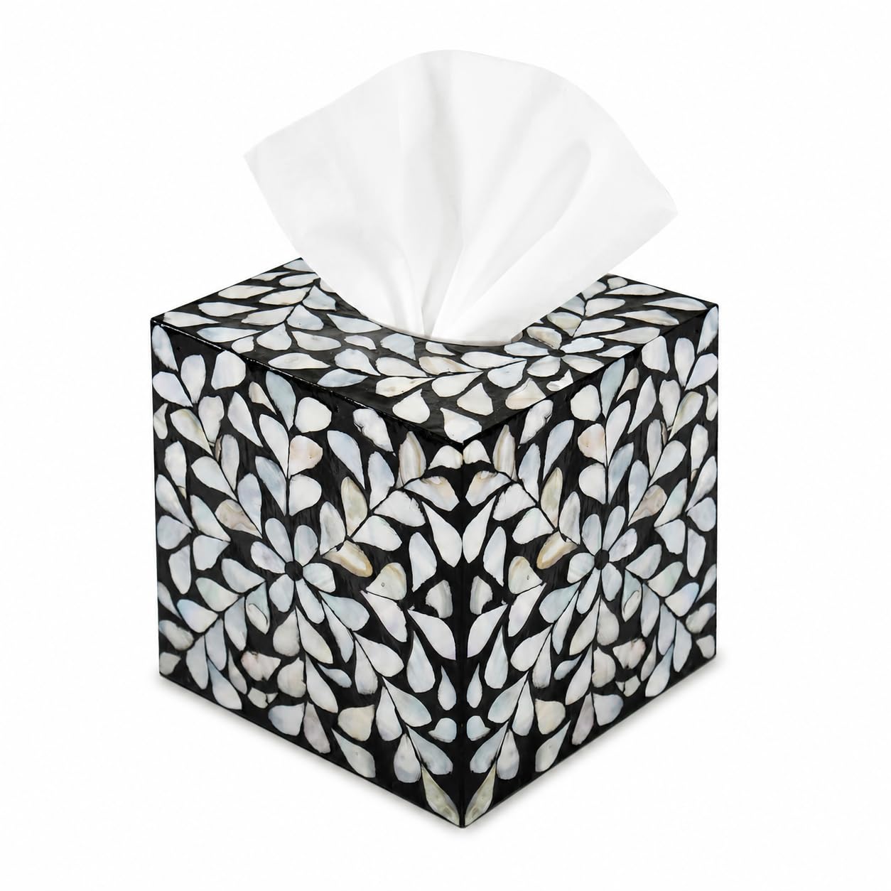 PEMAR Decorative Tissue Box Cover, 5.5” Cube Wooden Tissue Holder with Mother of Pearl Inlay, Farmhouse Rustic Napkin Dispenser for Bathroom, Living Room, Kitchen, Office (White Vines (Standard 5.5")