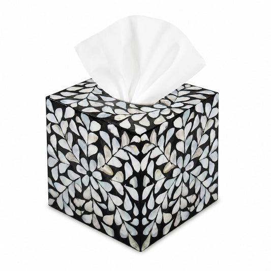 PEMAR Decorative Tissue Box Cover, 5.5” Cube Wooden Tissue Holder with Mother of Pearl Inlay, Farmhouse Rustic Napkin Dispenser for Bathroom, Living Room, Kitchen, Office (White Vines (Standard 5.5")