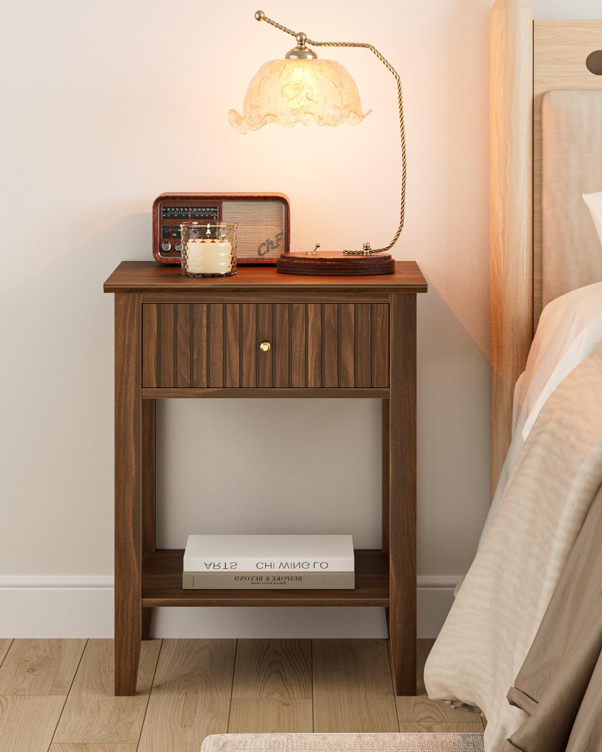 Apetaccat Fluted Nightstand, Farmhouse Night Stand with 1 Drawers, Mid Century Modern Side Accent Table,Bedside End Table for Bedroom, Living Room, Brown