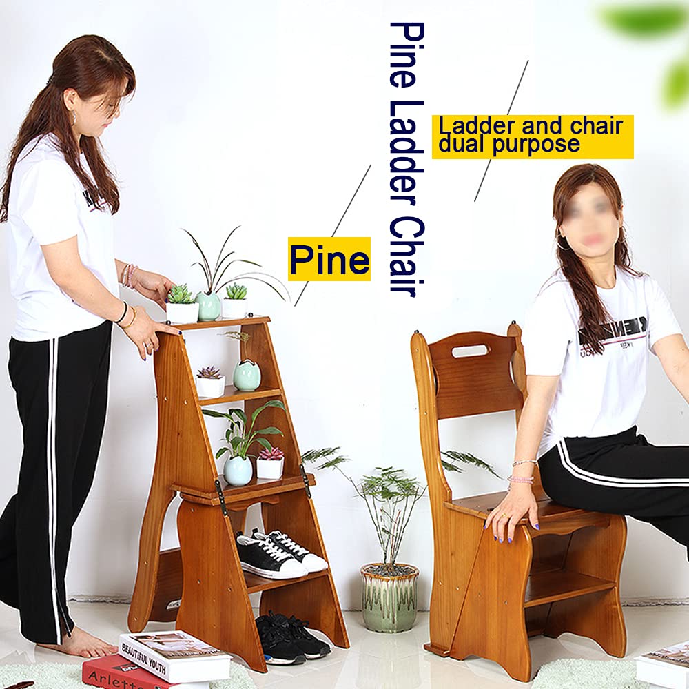 Wooden Folding Library Ladder Chair,2 in 1 Lightweight Portable Multifunctional Step Stool, 4-Step Stool Dual Purpose Stepladders, Display Stand and Flower Stand for Home(Light Walnut)