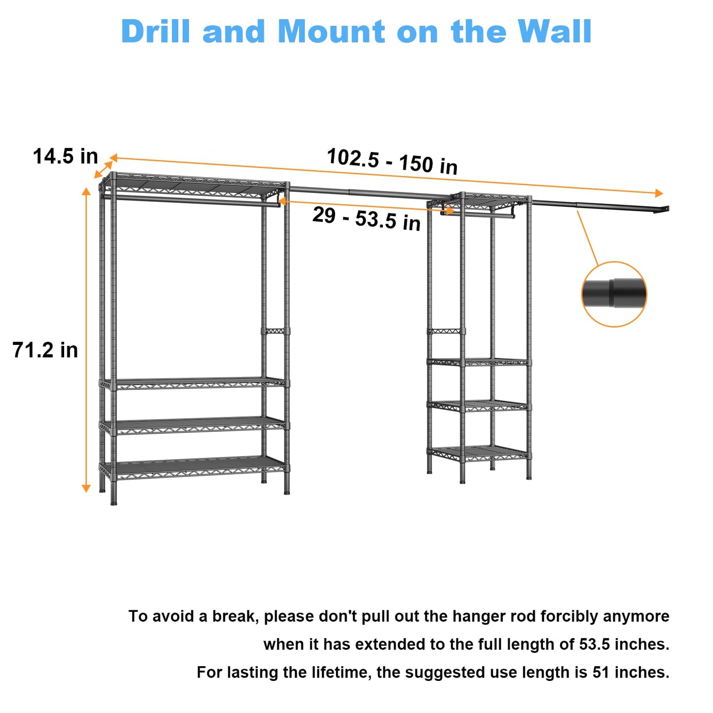Ulif E11 Heavy-Duty Garment Rack, Metal Freestanding Clothes Rack and Closet Storage Organizer System with 8 Shelves and 4 Hanger Rods, (73.2-97.6)" W x 14.5" D x 71.2" H, Load 1034 LBS, Black