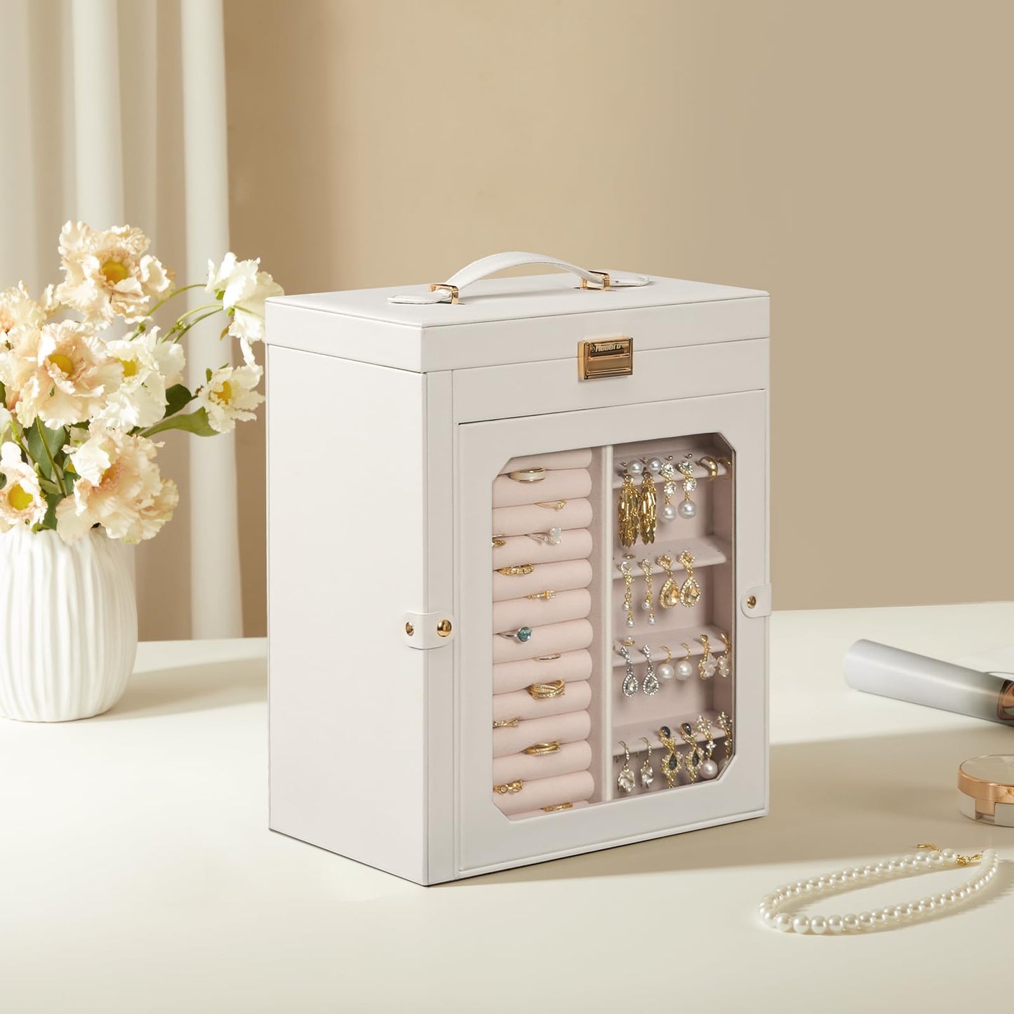 HOOBRO Jewelry Box with Mirror, Travel Jewelry Organizer with Glass Window and 360° Rotating Jewelry Box, Wooden Jewelry Organizer Bundle, WT03JB04G2-BH30JB04