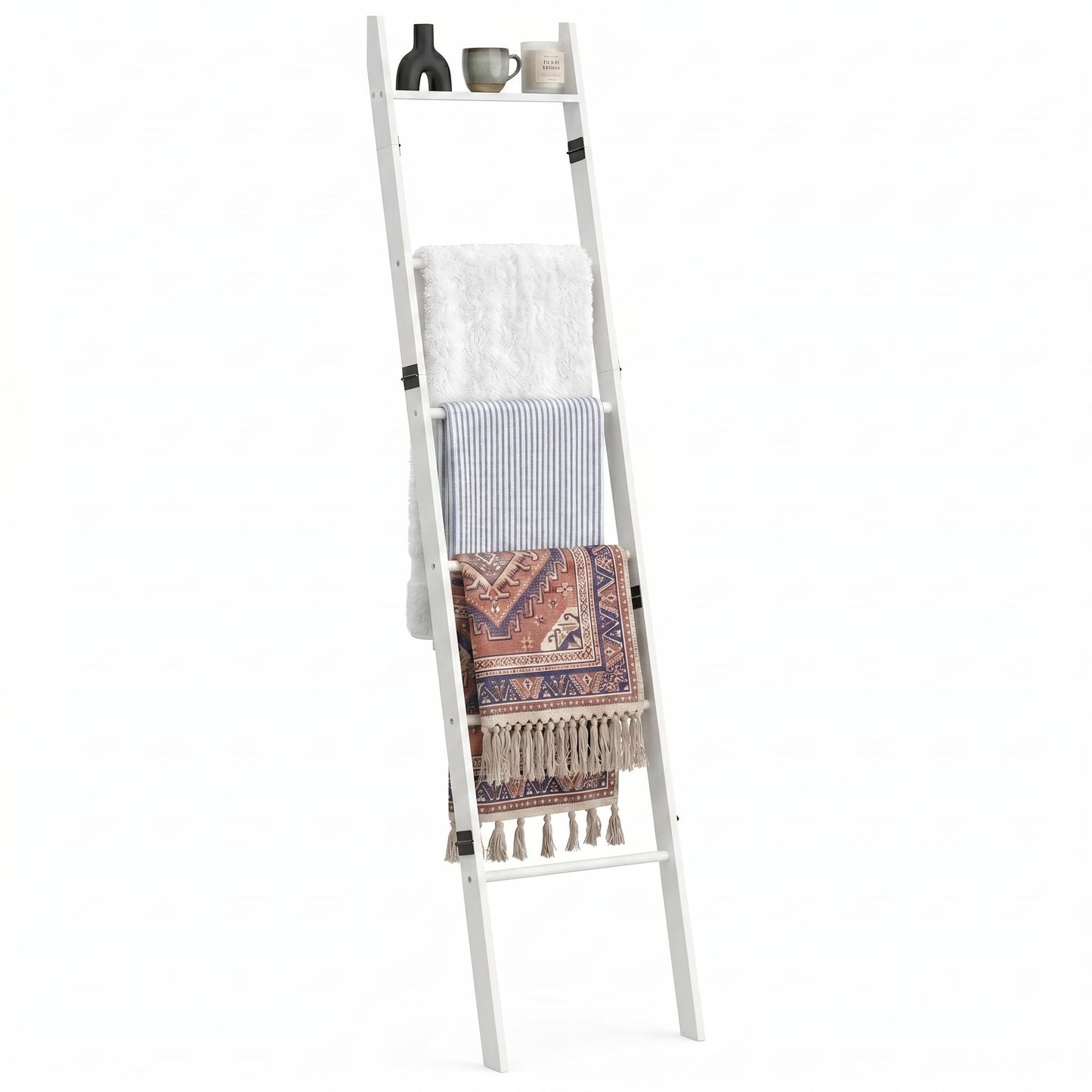 Plusinthebox 6 Tier Blanket Ladder with Shelf, Wooden Blanket Rack for Living Room, Leaning Towel Ladder Rack for Bedroom, Bathroom, Quilts, Throws, Towels and Farmhouse Décor White