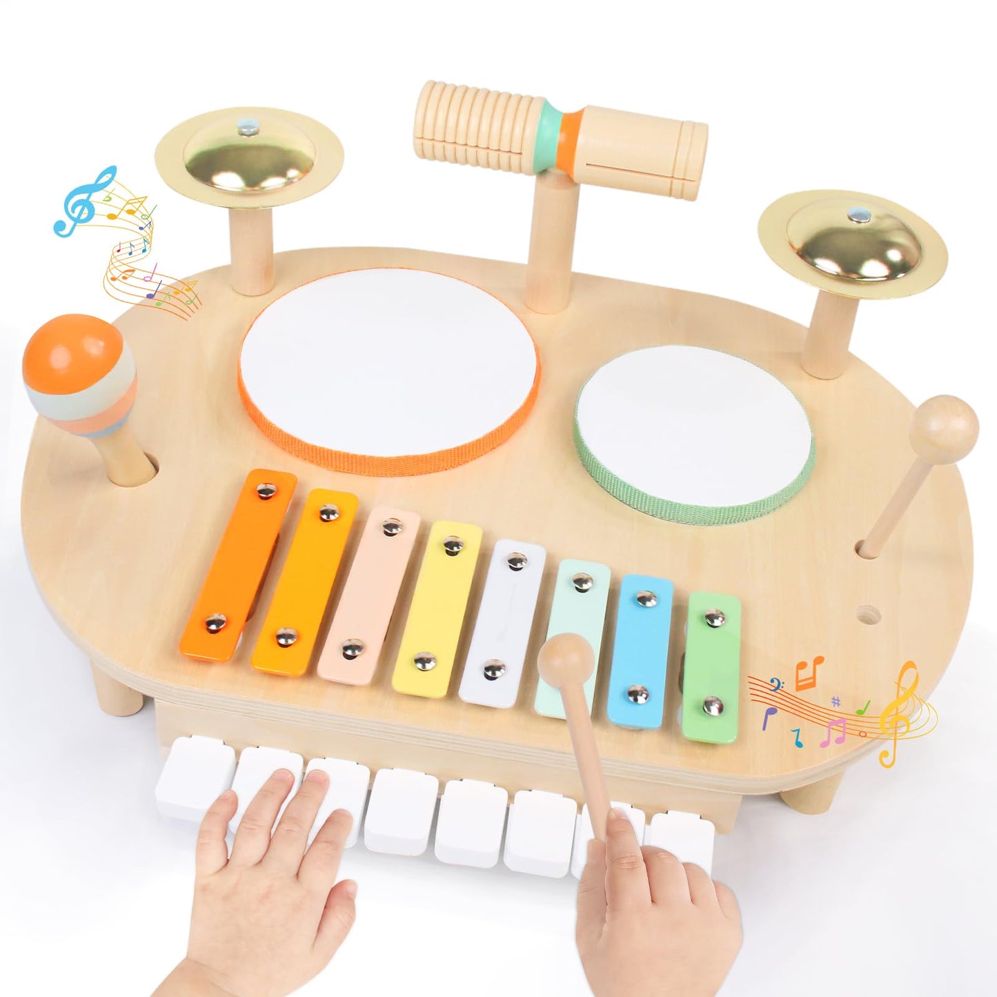 YHHYTOY Baby Drum Set, Wooden Baby Musical Instruments for Toddlers 1-3, Musical Activity Table Percussion Set with Xylophone Cymbal Piano, Montessori Christmas Preschool Birthday Gifts for Kids