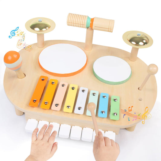 YHHYTOY Baby Drum Set, Wooden Baby Musical Instruments for Toddlers 1-3, Musical Activity Table Percussion Set with Xylophone Cymbal Piano, Montessori Christmas Preschool Birthday Gifts for Kids
