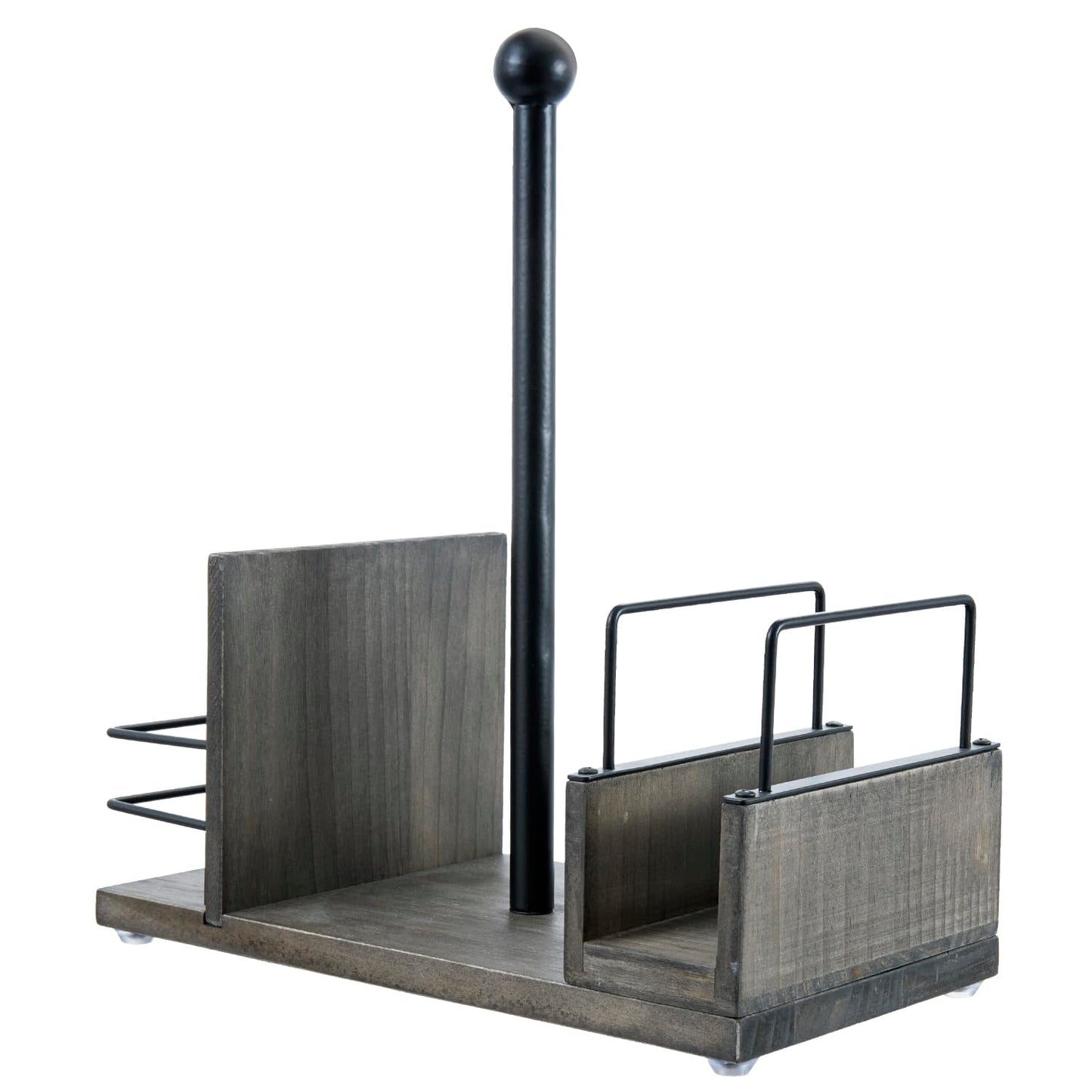 MyGift Rustic Paper Towel Holder & Napkin Holder Set – Wooden Countertop Kitchen Caddy with Spice Rack (Matte Black Industrial Style)