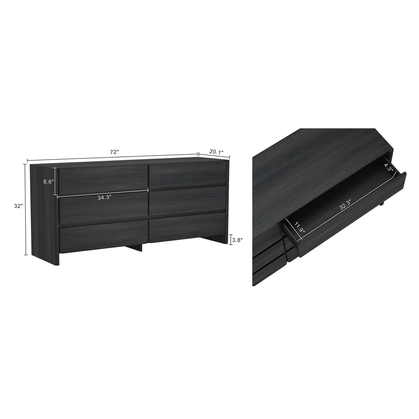 Manhattan Comfort Linda Double Wide Modern Dresser for Bedroom with 6 Storage Drawers – 72" Long Wooden Cabinet for Closet Essentials and Clothes Organization, Home Furniture, Charcoal Grey