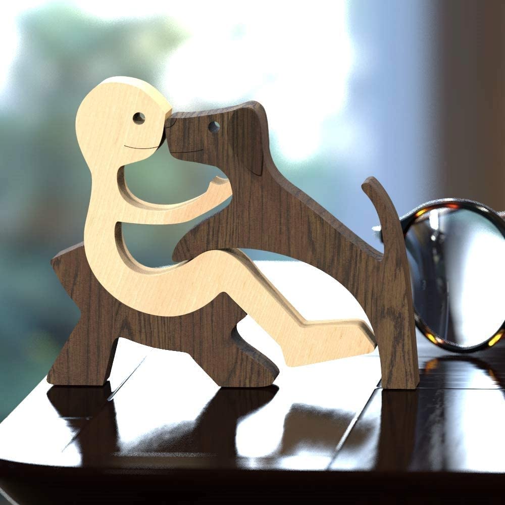 FHTDW Unique Gift Hand Carved Wooden Man and Dog Statue, Wood Human Dog Figurine Sculpture Home Office Décor, Remember Friendship Between Dog and People (Relaxing Man and Dog)