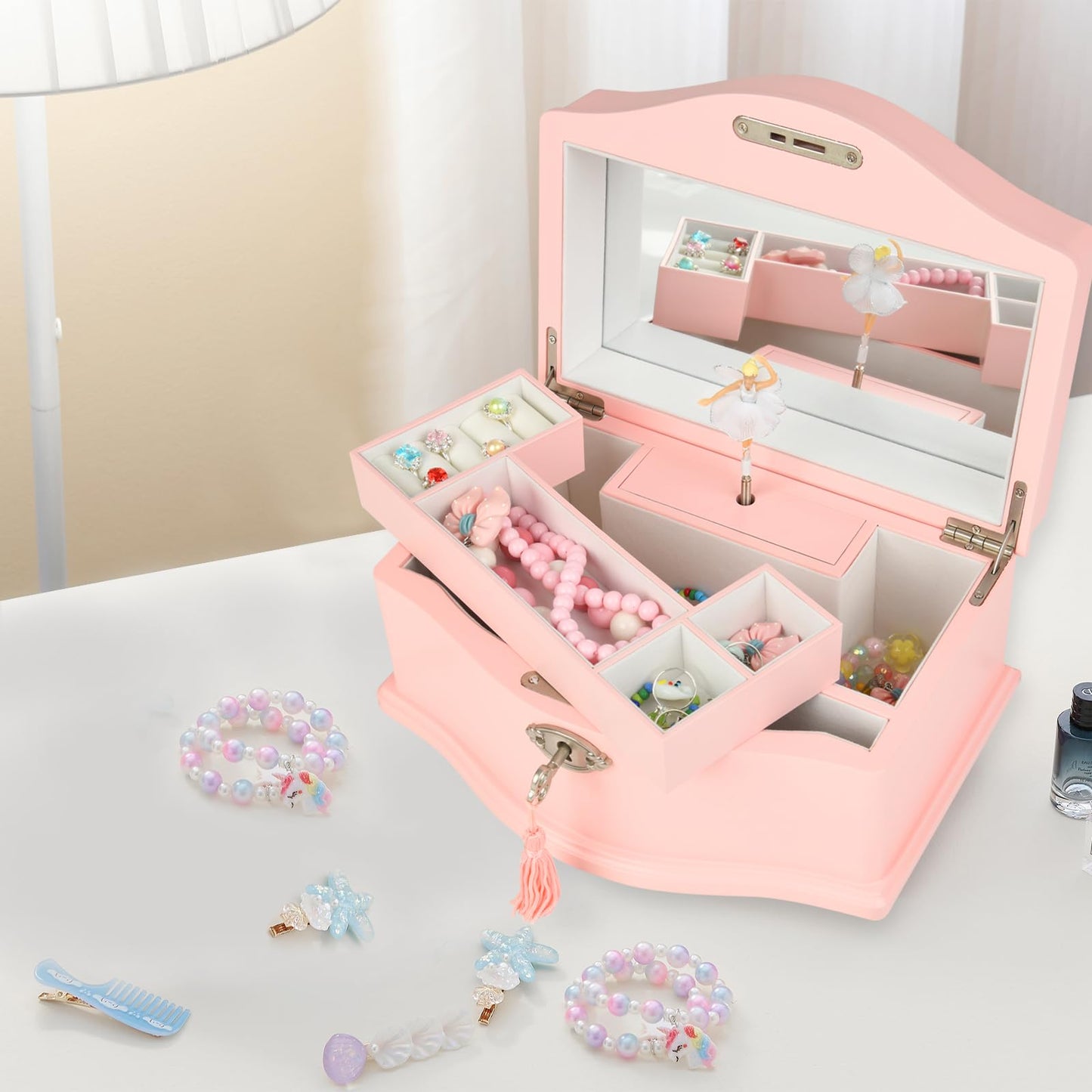 Elle Jewelry Box - Ballerina Jewelry Organizer and Swan Lake Wind-Up Music Box for Girls and Teens, Accessories and Keepsake Wooden Storage with Lock and Mirror, Charming Room Decor and Gift, Large