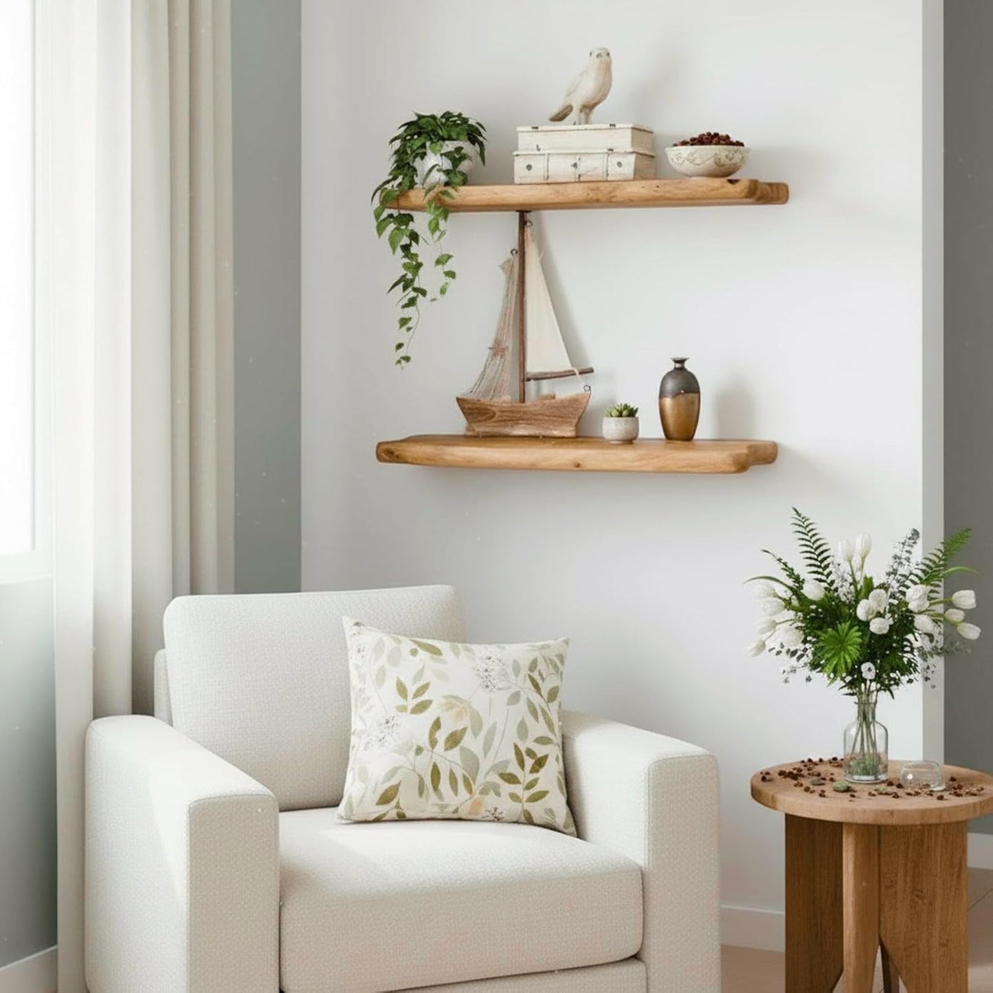 WELLAND 16" Cedar Natural Edge Floating Shelf Set of 2, Rustic Style Wall Shelves