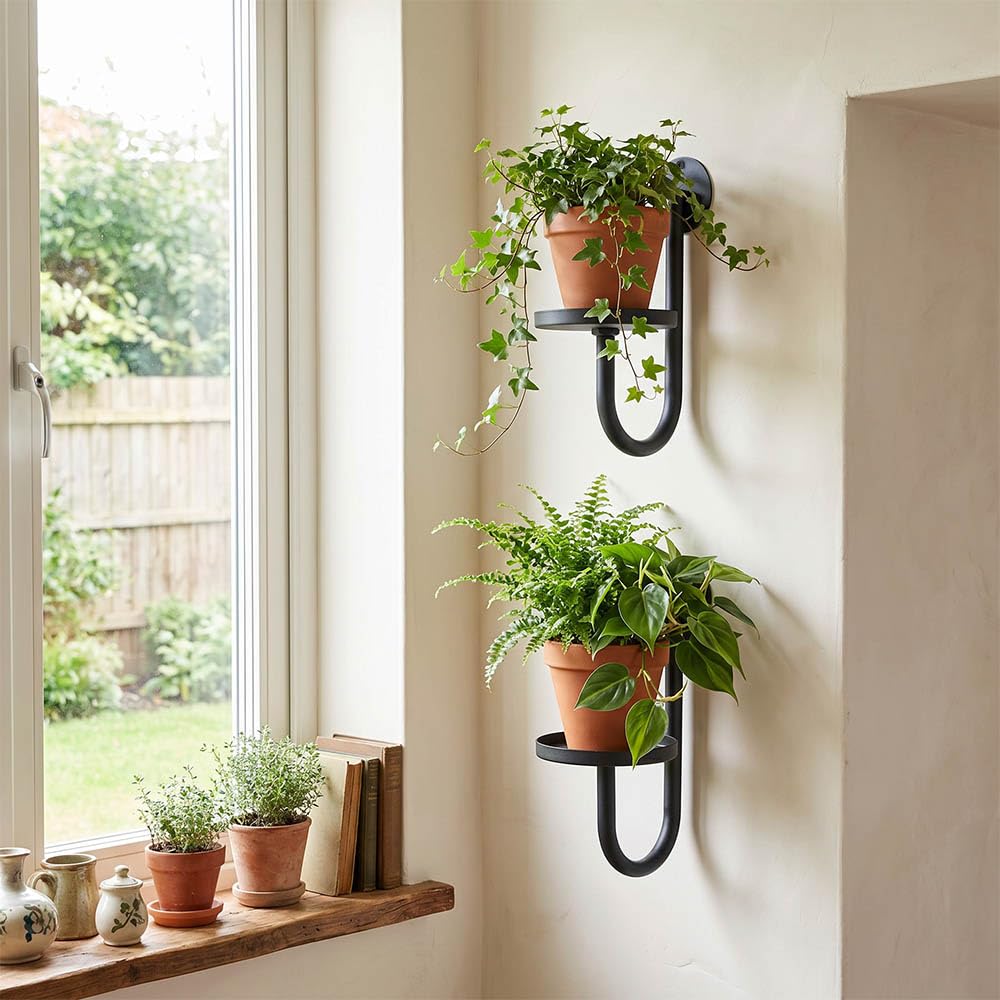SJBFOOXB Wall Plant Holder Set of 2 for Outdoor, Metal Hanger, Floating Flower Display Stand for Window, Space Saving & Easy to Assemble (Pots/Plants Not Included)