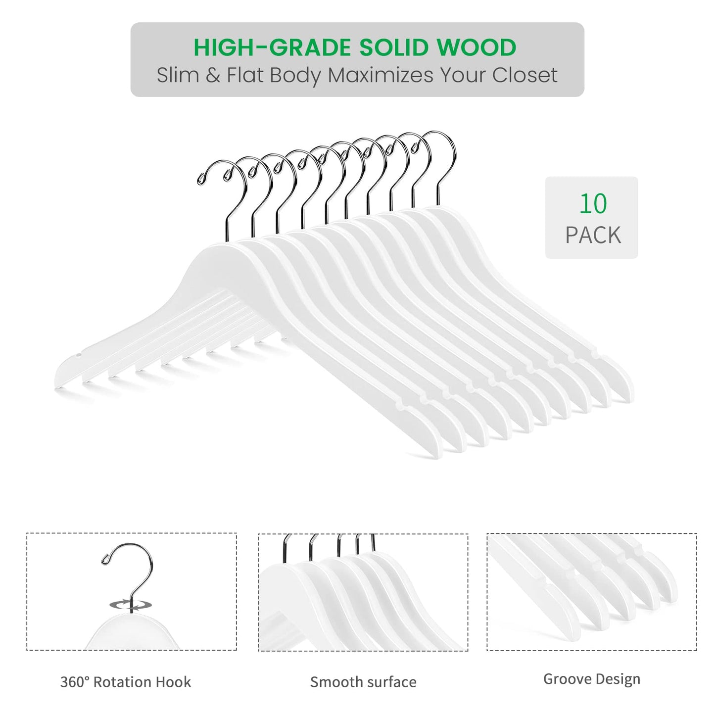 Nature Smile Wooden Coat Hangers Wood Shirt Dress Jacket Clothes Hangers with Extra Smooth Finish, 360 Degree Swivel Hook(10pcs White)