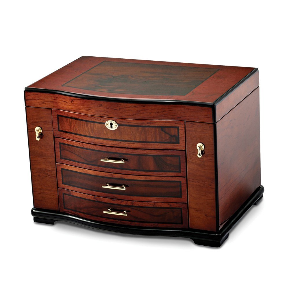 High Gloss Poplar w/Burlwood Inlay 3-Drawer Jewelry Chest
