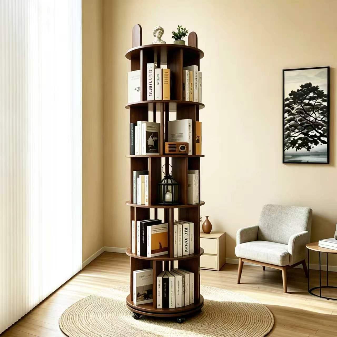 Kryonix Rotating Bookshelf, Solid Wood 5 Tier Spinning Book Shelf Tower, 360° Revolving Bookcase on Wheels, Corner Round Rolling Bookshelves for Small Spaces, Bedroom, Office, Kids Room (Walnut)