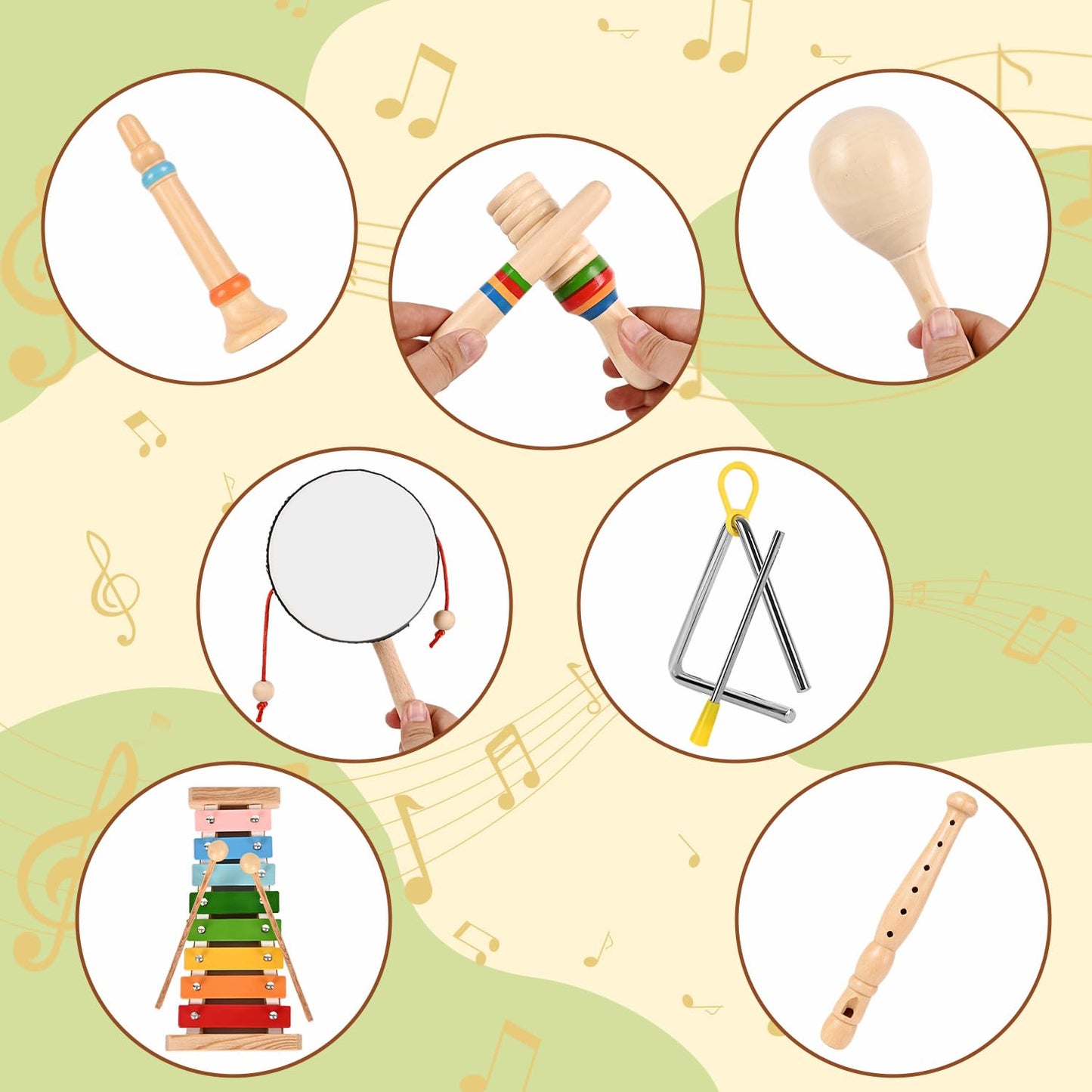 Baby Musical Instruments Montessori Wooden Musical Toys, Toddler Percussion Instruments Xylophone Maracas Hand Drum for Toddlers