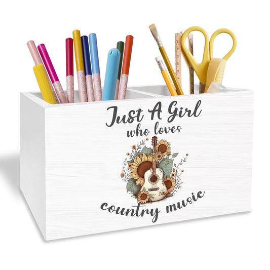 METNBASYY Western Cowgirl Pen Holder for Desk, Country Western Gifts Pencil Organizer, Just a Girl Who Loves Country Music Wooden Box Sign Desk Decor for Home Office Decoration