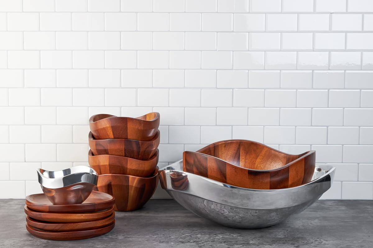 Nambé Billow Salad Bowl with Servers – 12" x 6.5" Acacia Wood & Alloy Entertaining Set – Organic Modern Salad Bowl, Decorative Tableware & Dining Centerpiece for Home & Entertaining