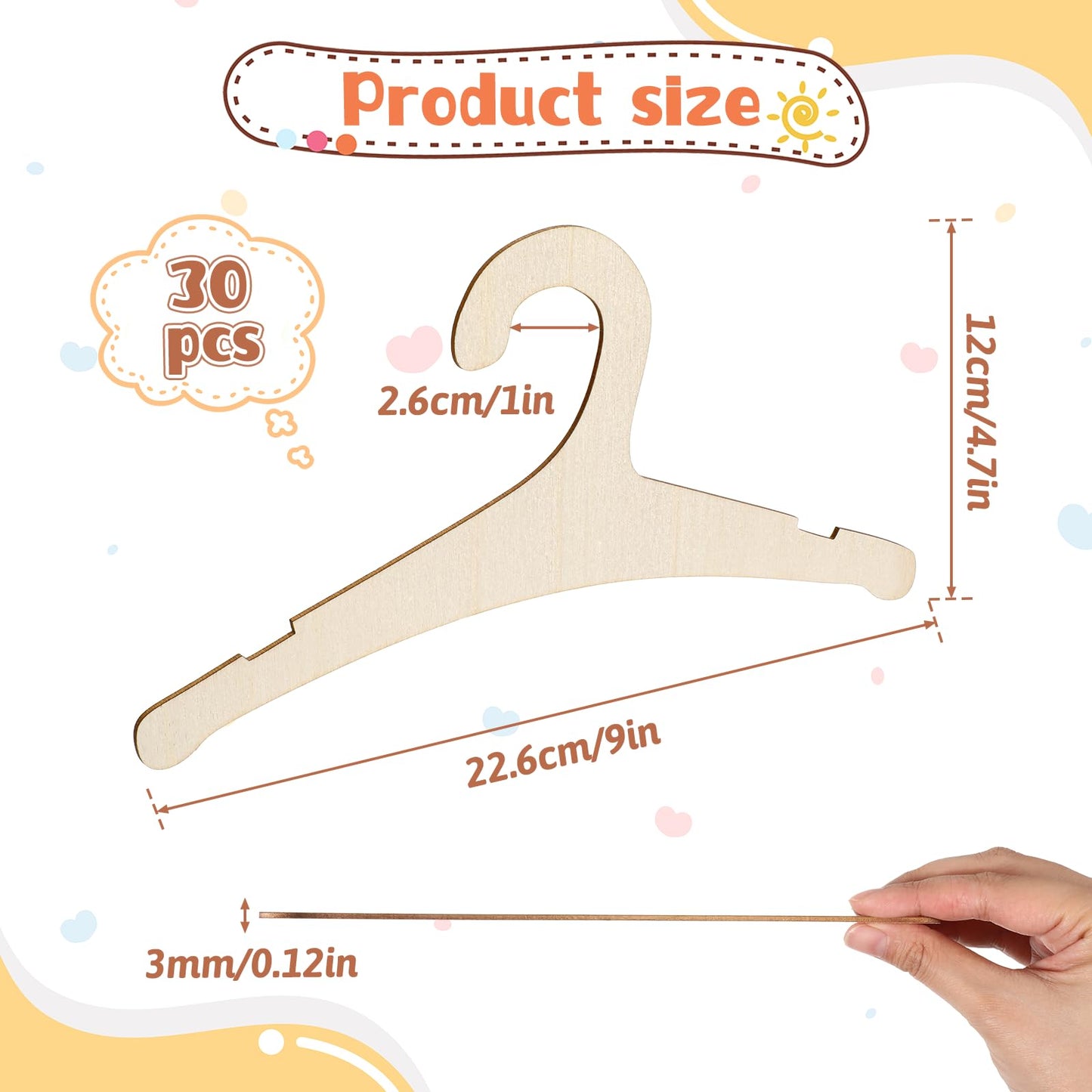 30 Pcs Baby Hangers, 9 x 4.7 Inch Baby Clothes Hangers Cute Non Slip Kids Wooden Hanger for Babies, Toddlers and Children's Coats, Dresses, Pants and Jackets (Wood Color)