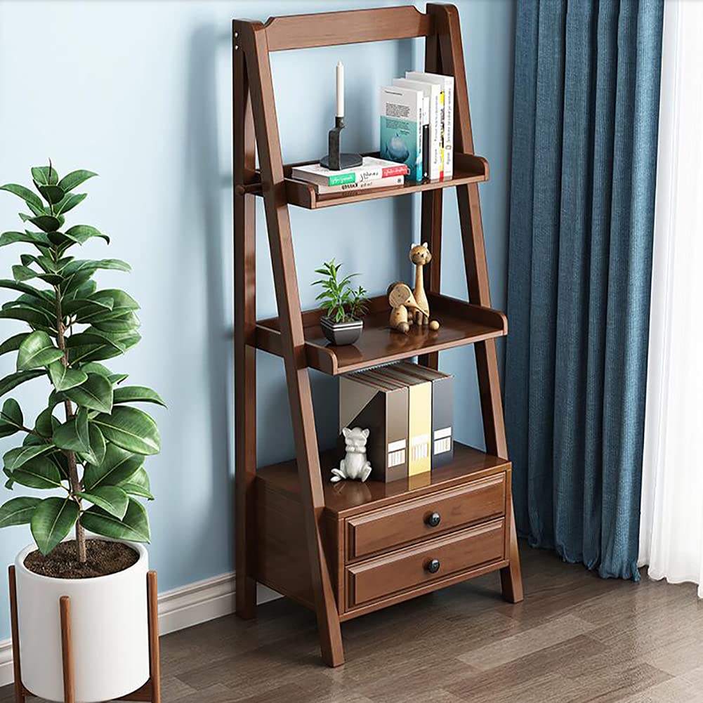 Wddwymll 2-Tier Ladder Shelf Industrial Bookcase,Storage Display Shelving with Drawer and 2 Shelves,Leaning Rustic Bookcases,for Living Room,Bedroom,Office(60×35×140cm)