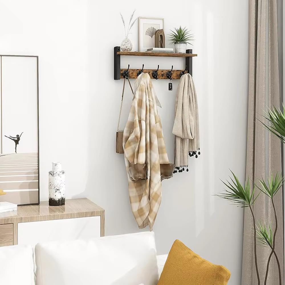 Morphesa Wall Mounted Coat Rack with Shelf, Wooden Entryway Shelf with 5 Metal Hooks, Rustic Wall Coat Rack for Jackets, Hats, Bags & Keys