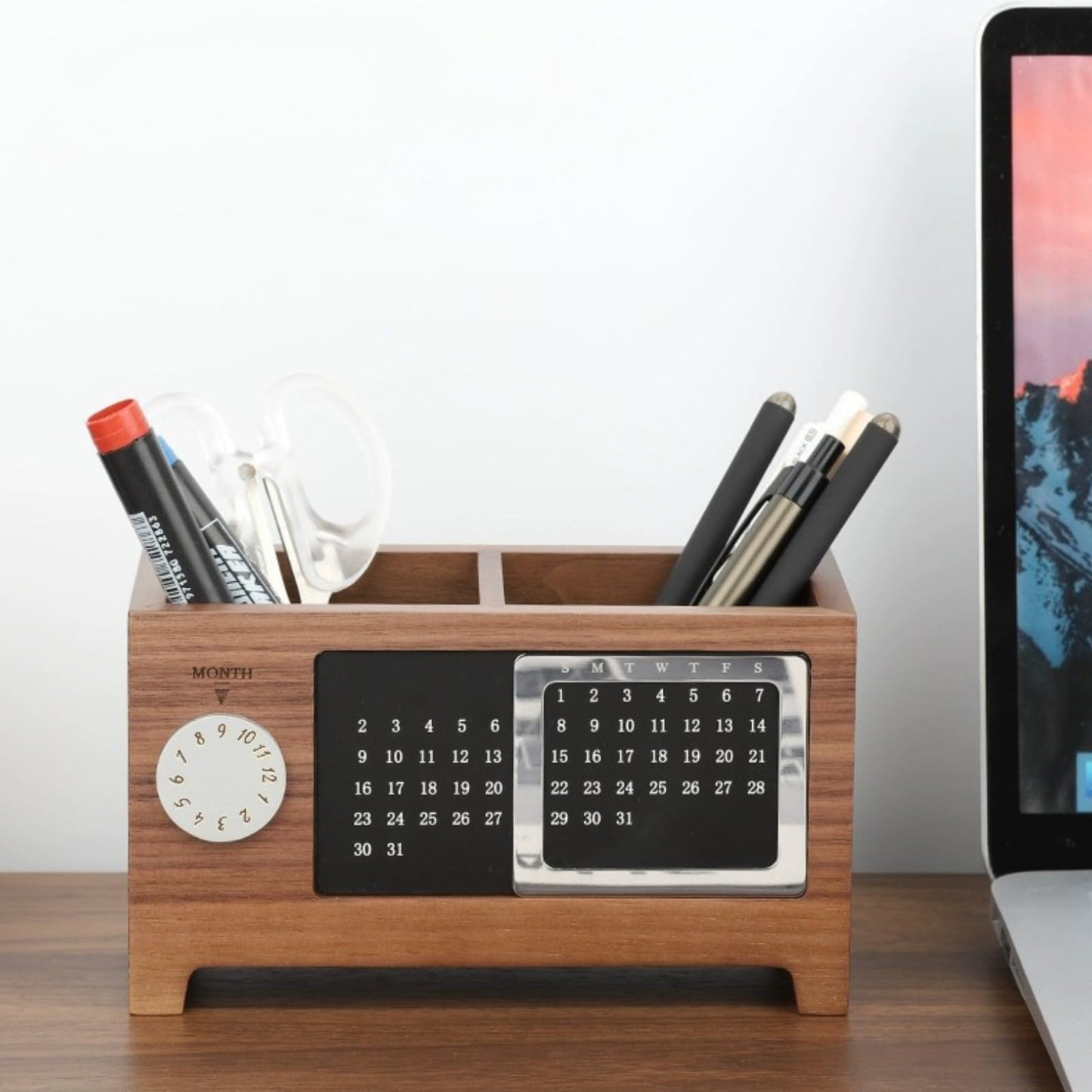 HELAIMAY Wooden Calendar Pencil Pen Holder, Desk Organizer with 2 Slots, Multifunctional Stationery Holder for School Home Office Supplies, Walnut Color, 1 Piece
