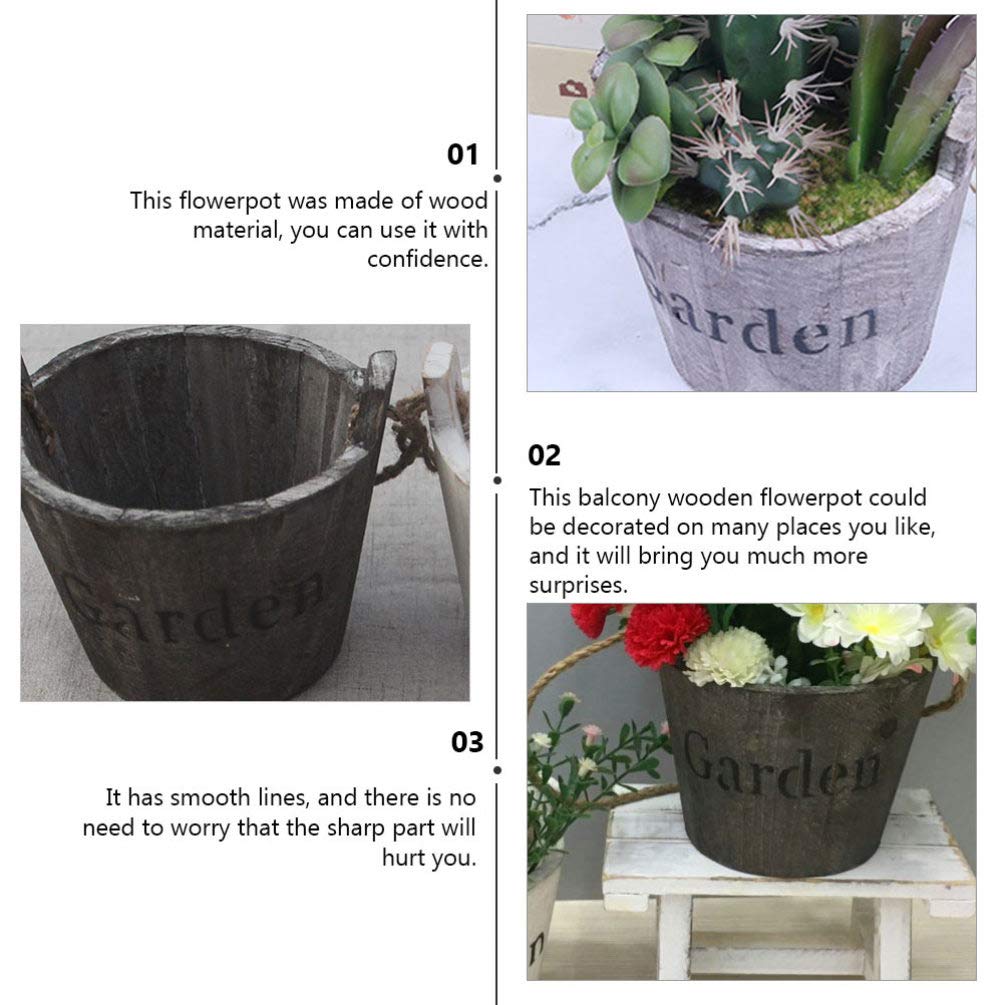 Hemoton Wooden Barrel Planter 2Pcs Set Rustic Bucket Flower Pot Decoration with Handle for Indoor Outdoor Succulent Plants