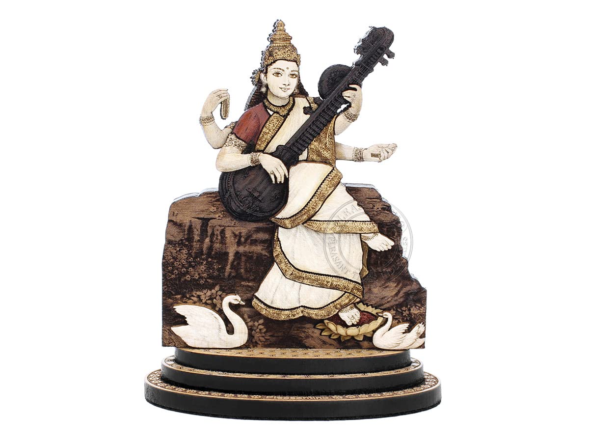 PLEASANTINO - 4 Inch Goddess Saraswati Wood Carved Statue in Exotic Hard Woods - Multi Layered Hand Made Wooden Goddess of Knowledge Idol for Car Dashboard, Home, Office, and Travel