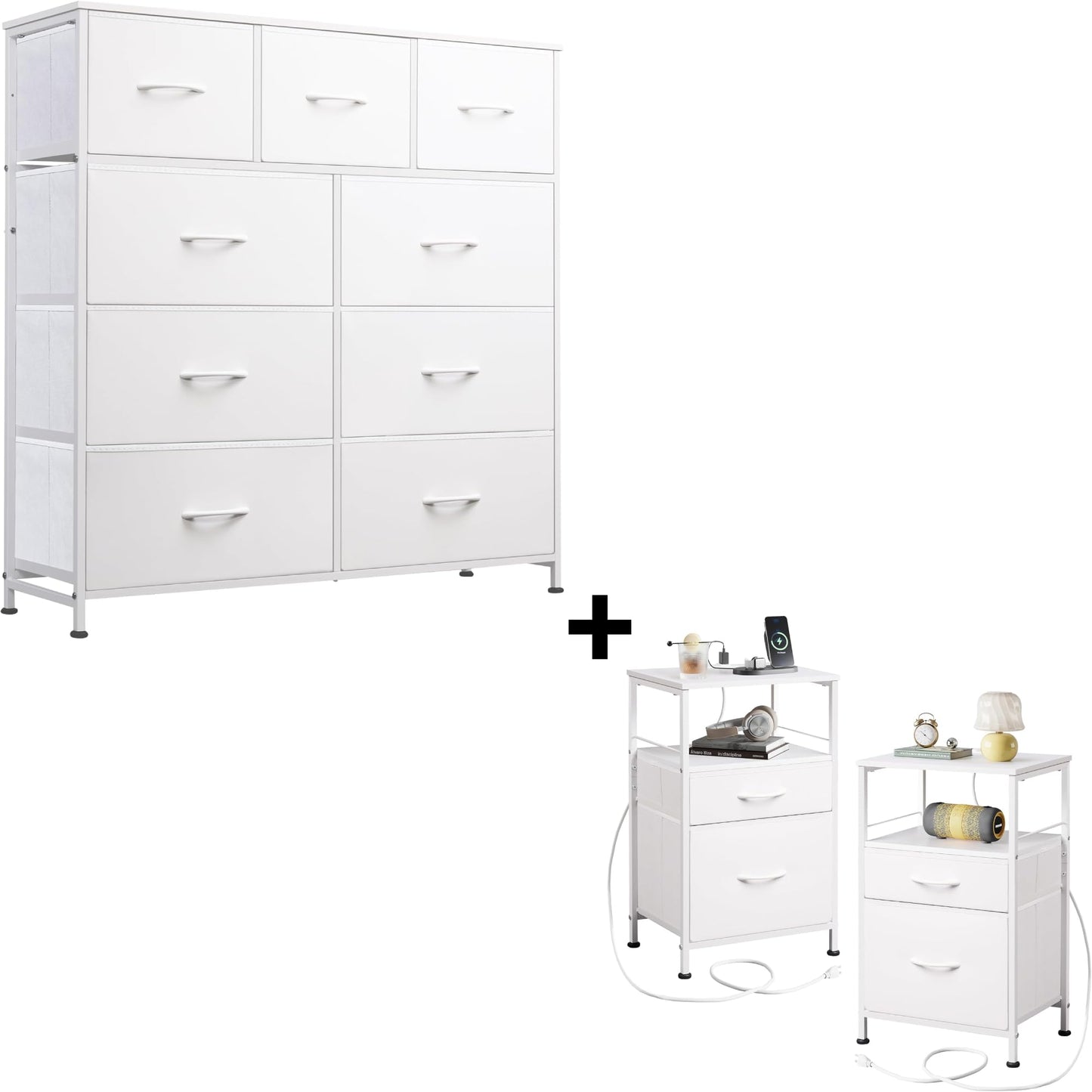 WLIVE 9-Drawer Dresser & Nightstands for Bedroom Set of 2, Organizer Unit for Bedroom with Fabric Bins, Steel Frame, Wood Top, Easy Pull Handle, White
