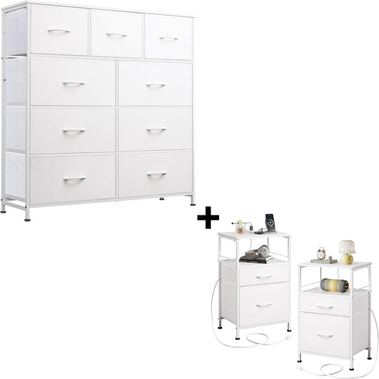 WLIVE 9-Drawer Dresser & Nightstands for Bedroom Set of 2, Organizer Unit for Bedroom with Fabric Bins, Steel Frame, Wood Top, Easy Pull Handle, White