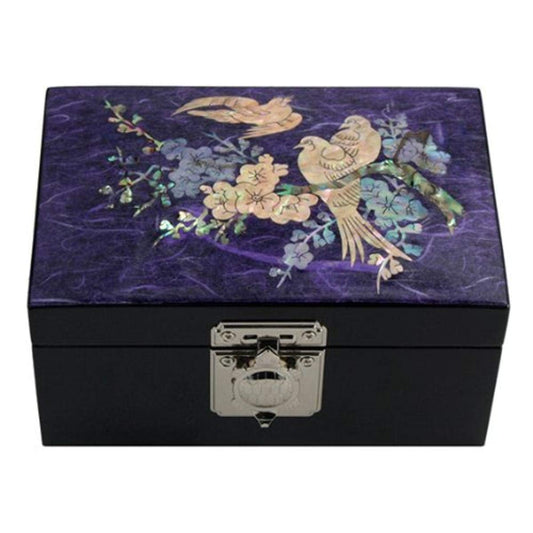Antique Alive Mother of Pearl Inlay Design Jewelry Box, Wood Jewelry Box, Trinket Case, Keepsake Treasure Chest Box Organizer Holder (Bird Purple)