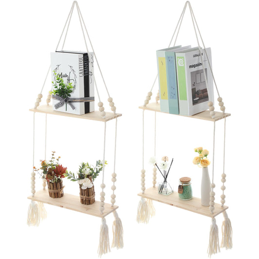 Chunful 2 Pack Macrame Wall Hanging Shelf 2-Tier Boho Wooden Display Floating Shelf Wooden Rustic Plant Rope Hanger Rack with Beads and Tassel for Wall Decor Bedroom Dorm Nursery Living Room Bathroom