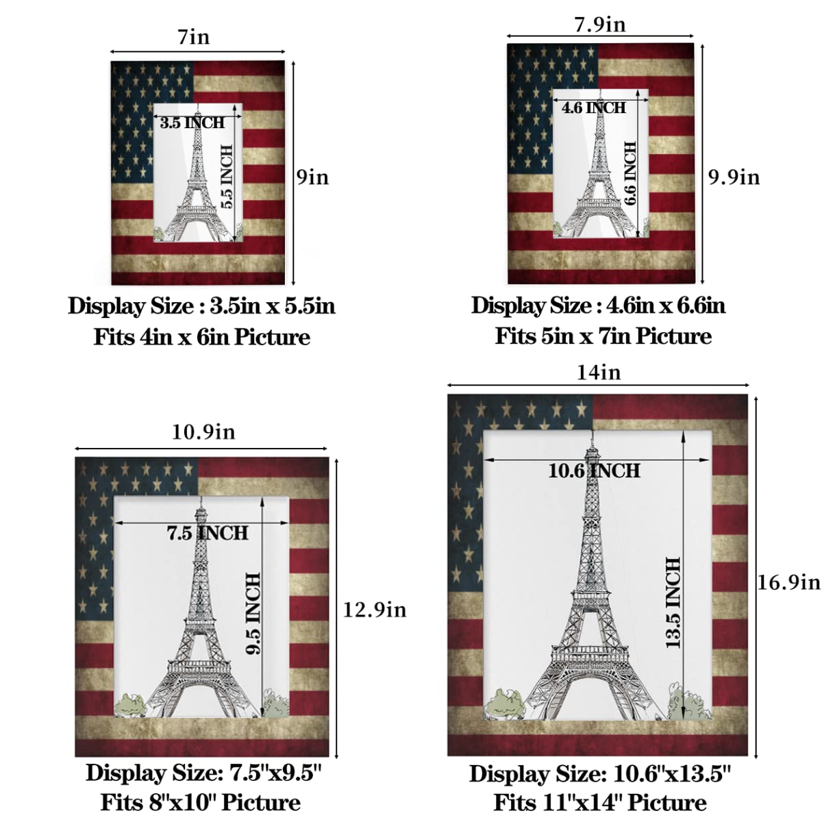 FengQuGou 4 x 6 in Picture Frame America Usa Flag, Rustic Solid Wood With Mat Wooden Photo Frames, Photo Frames for Wall Mounting or Standing Table Top Family Baby Grandma Office Hotel Decoration