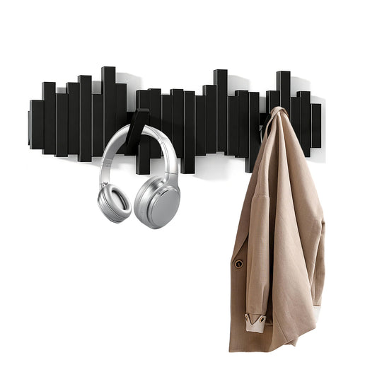 BWCXR Wall Mounted Wooden Coat Rack with Flip-Down Piano Key Hooks, Hardwood Heavy Duty Wall Hook Rack with Hidden Mount for Entryway, Coats, Bags & Hats, Black 8 Hooks