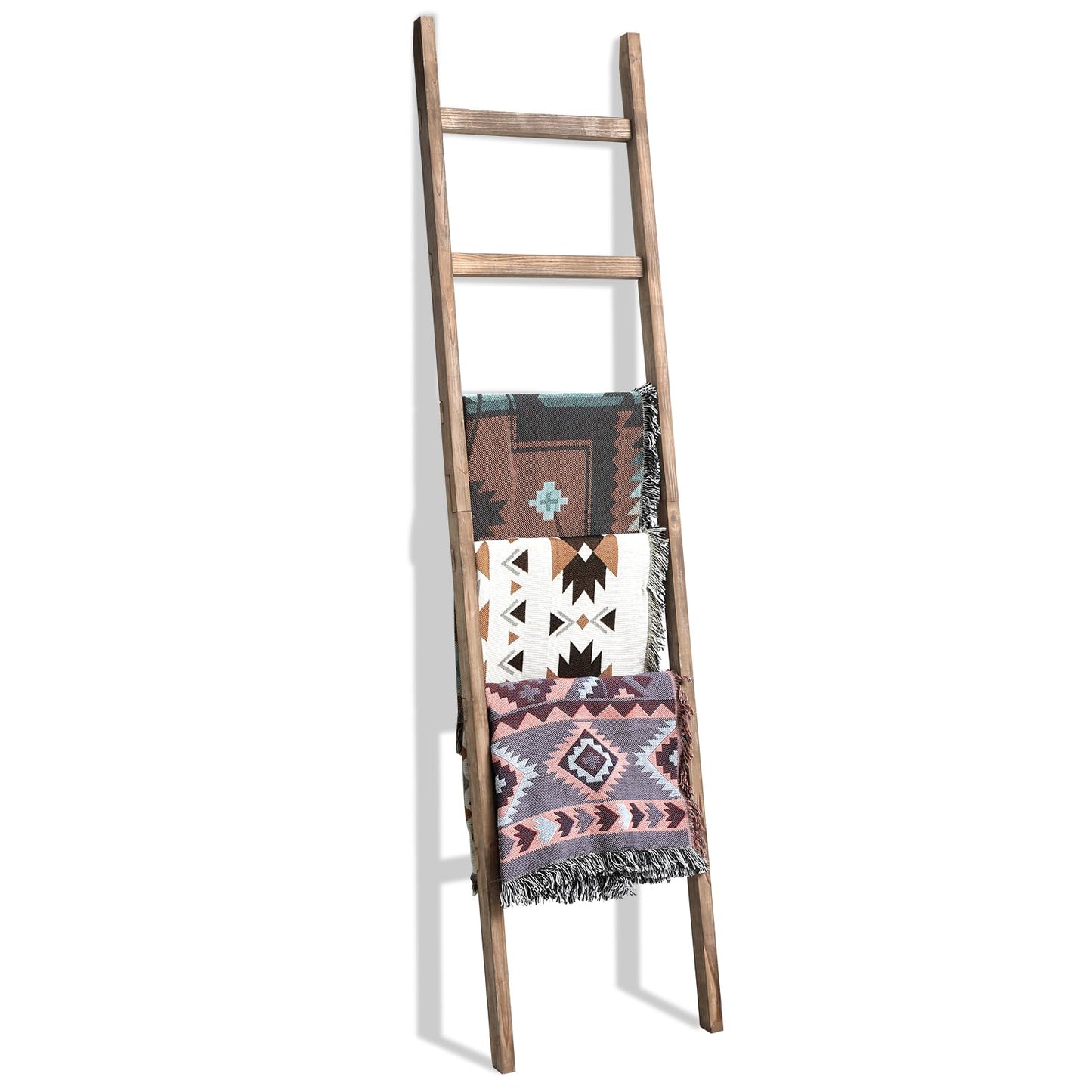 FUIN 6.4ft Extra Wide Wooden Blanket Ladder Living Room Decorative Wal Leaning Farmhouse Quilt Display Holder Rustic Wood Towel Rack for Bathroom, Burnt Brown, 18.5 inch Wide
